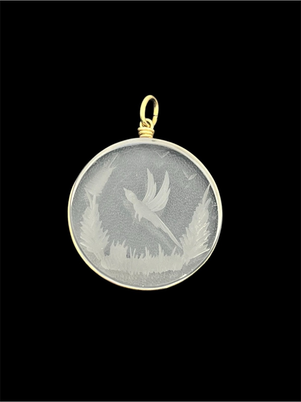 Clear glass bird engraved design forest gold tone bezel pendant for necklace